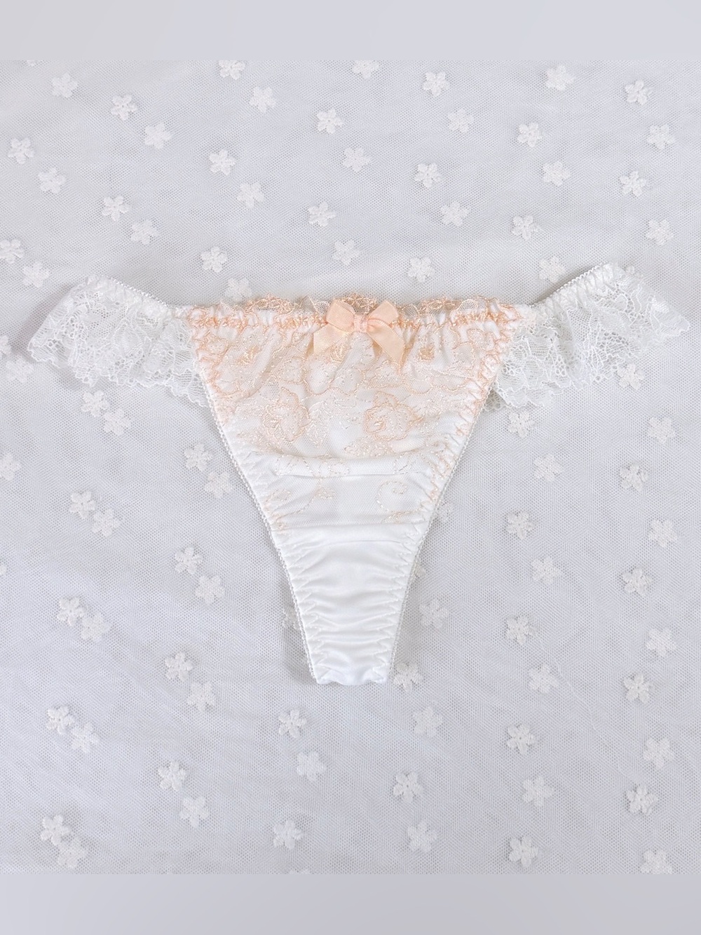 US-S/JP-L Japanese Brand Satin Bow Floral Embroidered Lace Ruffle Nylon Thong